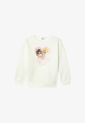 Hvid sweatshirt med prints af to katte i pink hjerter. Har lange ærmer og ribbede manchetter med teksten "Her for at gøre dit liv sødere."