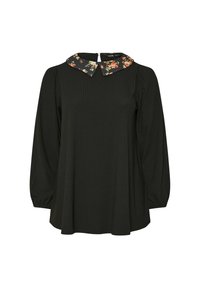 Blusa nera a maniche lunghe in costina con colletto alla Peter Pan a fantasia floreale e chiusura a bottone con apertura a chiave sul retro.