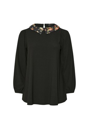 Zwarte lange mouw geribde blouse met een bloemenpatroon Peter Pan-kraag en een sleutelgat knoopsluiting aan de achterkant.