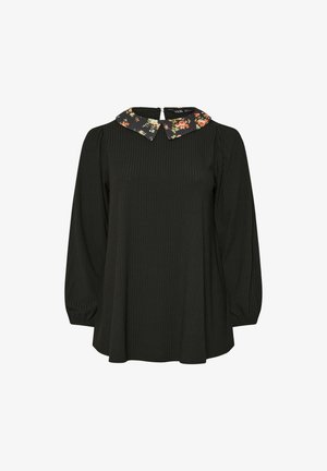Zwarte lange mouw geribde blouse met een bloemenpatroon Peter Pan-kraag en een sleutelgat knoopsluiting aan de achterkant.