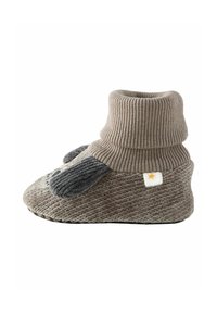 Braune Strickstiefel mit geripptem Bund und strukturiertem Obermaterial. Mit grauen Ohrakzenten und einem kleinen weißen Etikett mit einem Stern-Graphic.