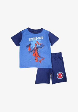 Ensemble pour tout-petit bleu et marine avec un graphisme de Spider-Man sur le t-shirt et le visage de Spider-Man ainsi qu'une citation sur le short marine.