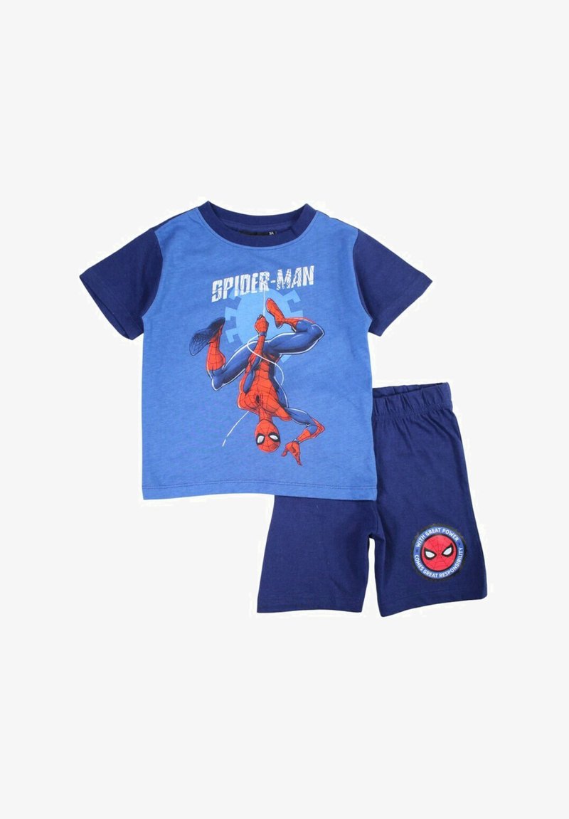 Ensemble pour tout-petit bleu et marine avec un graphisme de Spider-Man sur le t-shirt et le visage de Spider-Man ainsi qu'une citation sur le short marine.