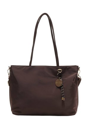 Hnedá nylonová taška cez rameno s dvoma dlhými popruhmi, zlatými kovovými doplnkami a odnímateľným kľúčenkom. Hladký povrch, obdĺžnikový tvar.