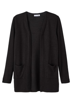 Czarny kardigan na długi rękaw z otwartym przodem, dwoma przednimi kieszeniami i prostym dołem, wykonany z miękkiej dzianiny.