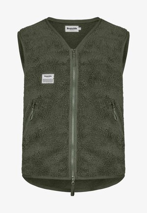 Fleece-Weste in Dunkelgrün mit strukturierter Oberfläche, durchgehendem Reißverschluss vorne, zwei Reißverschlusstaschen an den Seiten und abgerundetem Saum. Etikett auf der oberen linken Seite.