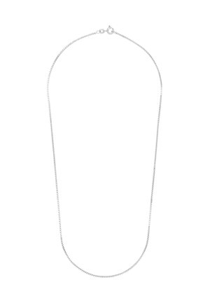 Silver chain necklace with a smooth, flat design. Features a lobster clasp and uniform, thin links throughout.