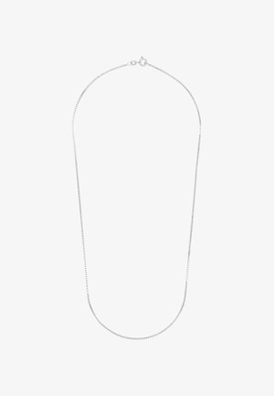 Silver chain necklace with a smooth, flat design. Features a lobster clasp and uniform, thin links throughout.