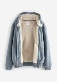 Felpa con cappuccio grigia con un morbido rivestimento in pile crema, dotata di zip a tutta lunghezza, polsini a coste e un'etichetta semplice all'interno.