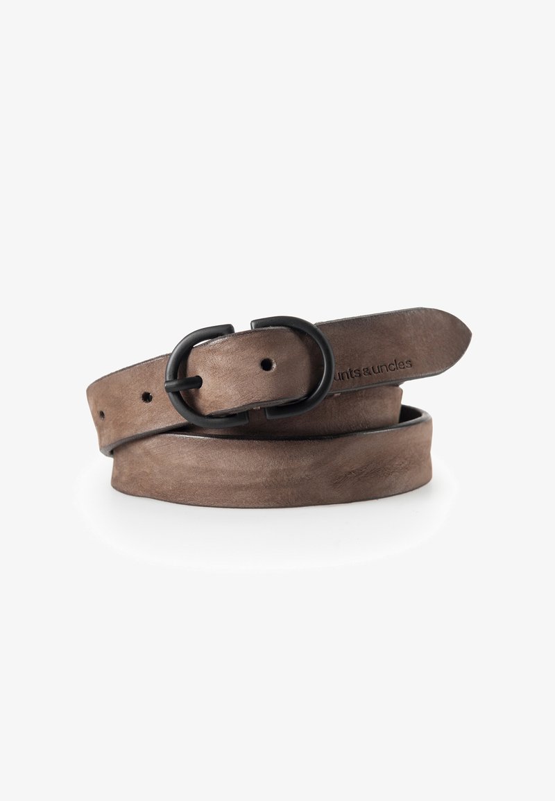Brown leather belt with a smooth texture, featuring a black metal round buckle and multiple adjustment holes. Subtle branding visible.