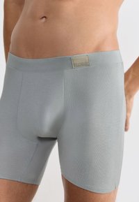 Helle graue Boxershorts aus glattem Stoff mit einem weichen Bündchen, ausgestattet mit einem kleinen Sloggi-Label und einer enganliegenden Passform.