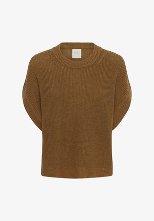 Brauner gestrickter Kurzarm-Pullover mit rundem Ausschnitt und geripptem Saum, abgebildet vor weißem Hintergrund.