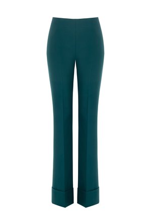 Pantaloni su misura in tessuto teal profondo, con un design a gamba dritta, superficie liscia e risvolti all'orlo.