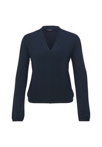 Námořnická modrá dlouhá halenka vyrobená z měkké tkaniny. Má výstřih do V a přiléhavé manžety, s rovnym lemem a minimalistickým designem.