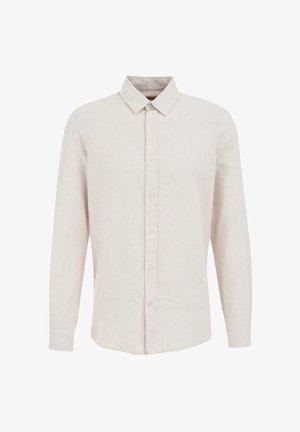 Gai bēšas krāsas garās piedurknes krekls ar teksturētu audumu. Tam ir standarta apkakle un pogu aizdare ar noapaļotu apakšmalu.