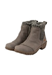 Graue Knöchelstiefel mit glattem Lederobermaterial, strukturiertem Strickkragen und robuster Gummisohle. Genähte Details und Logo-Akzent vorhanden.