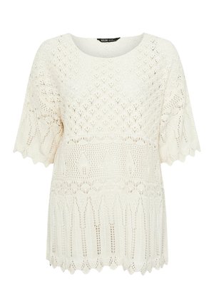 White knitted top with short sleeves, featuring an openwork pattern, scalloped hem, and intricate textured details throughout.
