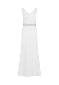 Weißes bodenlanges Kleid mit einem drapierten Cowl-Ausschnitt und einem mit Silber verzierten Gürtel in der Taille. Glattes Material mit fließender Silhouette.