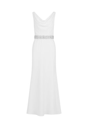 Weißes bodenlanges Kleid mit einem drapierten Cowl-Ausschnitt und einem mit Silber verzierten Gürtel in der Taille. Glattes Material mit fließender Silhouette.