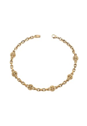 Gouden kettingarmband met bloemvormige schakels en een karabijnsluiting, met aan één uiteinde een klein merkje.