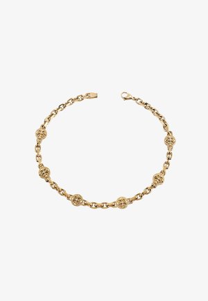 Bracciale a catena in oro con maglie a forma di fiore e chiusura a moschettone, con una piccola targhetta del marchio a un'estremità.