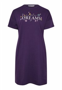 Abito a T-shirt in cotone viola con maniche corte, caratterizzato da una grafica che recita "segui sempre i tuoi SOGNI" in testo multicolore.