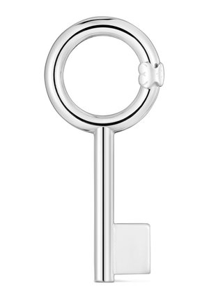 Llave de plata con un aro circular que presenta un pequeño broche con forma de oso, un eje liso y una mordaza rectangular sobre un fondo blanco.