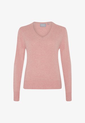 Roze V-hals trui met lange mouwen, gemaakt van zacht gebreid materiaal. Met ribbelboorden aan de onderkant en mouwen, met een gladde, gestructureerde afwerking.