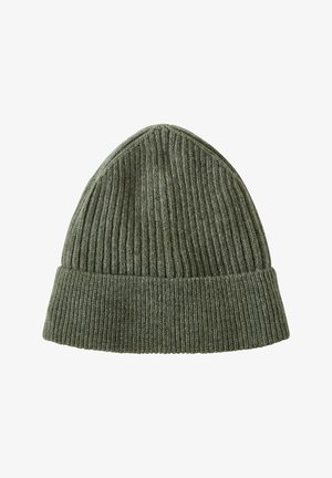 Gehaakte beanie muts in donker olijfgroen. Heeft een geribbeld patroon en een omgeslagen rand voor een snug fit.