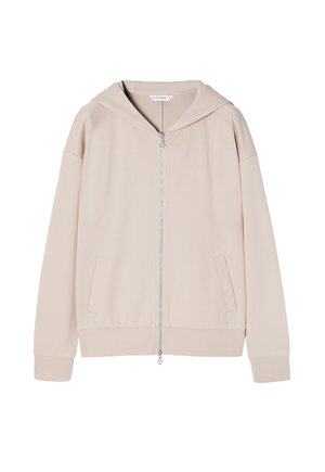 Beige zip-up hoodie made of soft fabric, featuring a kangaroo pocket, ribbed cuffs, and a large hood. Simple and functional design.