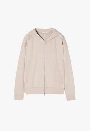 Felpa beige con zip realizzata in tessuto morbido, dotata di tasca a canguro, polsini a costine e un ampio cappuccio. Design semplice e funzionale.