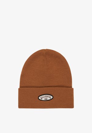 Brown knit beanie with a folded brim. Features a textured pattern and a circular embroidered logo in contrasting colors.