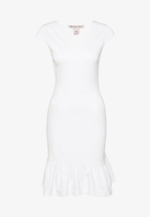 Valkoinen vartalonmyötäinen mekko, jossa lyhyet hihat, V-muotoinen pääntie ja liehuva liehule. Valmistettu sileästä kankaasta, sopii arkikäyttöön.