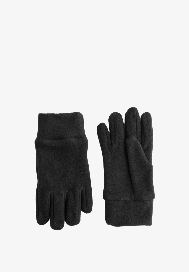Gants en polaire noire au toucher lisse, avec un design standard à cinq doigts et des poignets côtelés pour plus de chaleur.