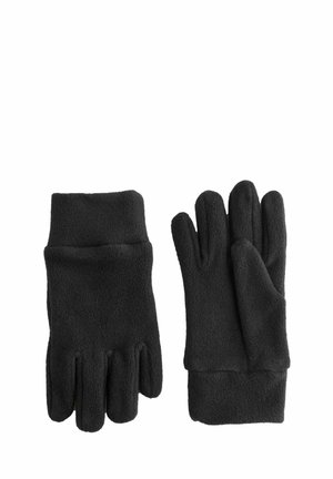 Schwarze Fleece-Handschuhe mit glatter Textur, ausgestattet mit einem standardmäßigen fünf-Finger-Design und gerippten Bündchen für zusätzliche Wärme.