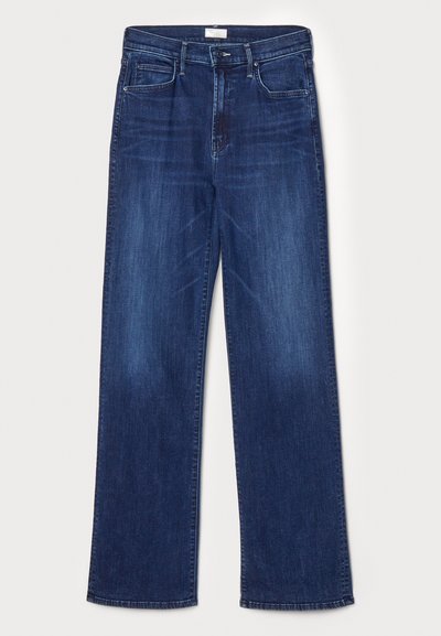 Jeans de pierna ancha fabricados en denim azul oscuro. Sus características incluyen una cintura alta, cinco bolsillos y un sutil desvanecimiento en la tela.