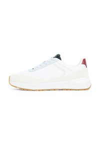 Valged sneakers, millel on võrgusilma ülemine pind, sametised aktsendid ja kummist tald. Includes helesinised paelad ja tume helesinine kanna detail. Lihtne geomeetriline disain.