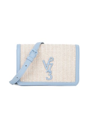 Borsa a tracolla rettangolare intrecciata beige con rifiniture in pelle azzurro chiaro e tracolla regolabile, con logo "vf/3" in rilievo sul davanti.