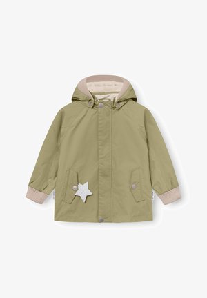 Světlé zelená bunda pro batolata s kapucí, béžové žebrované manžety a podšívka límce, kapsy na patentní knoflíky a bílá hvězdičková značka na levé kapse.