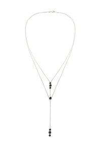 Sølvkæde med et Y-formet design med tre sorte perler, der pryder midten, og en længere kæde, der hænger ned.