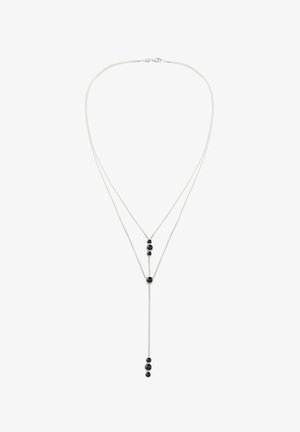 Collier en chaîne argentée avec un design en forme de Y, orné de trois perles noires au centre et une longue chaîne pendante.