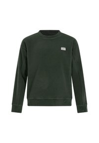 Donkergroen fleecetop met een ronde hals, lange mouwen en een klein logopatch op de bovenste linkerborst, met een zachte textuur.