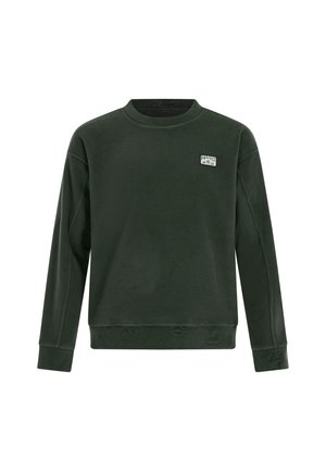Dark green fleece sweatshirt with a crew neckline, long sleeves, and a small logo patch on the upper left chest, featuring a smooth texture.