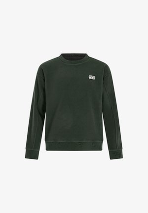 Dark green fleece sweatshirt with a crew neckline, long sleeves, and a small logo patch on the upper left chest, featuring a smooth texture.