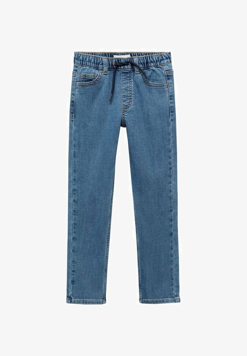 Jean en denim bleu avec une taille élastique et un cordon noir, avec des poches avant et arrière et une coupe droite.