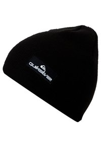Bonnet en tricot noir avec une texture côtelée et un patch logo blanc rectangulaire portant le mot "Quiksilver" d'un côté.