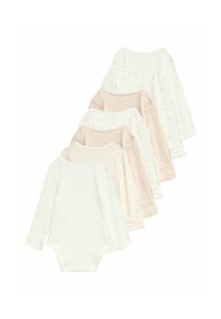 Conjunto de seis bodysuits de manga larga en colores pastel, que incluye blanco sólido y beige, con patrones sutiles y una textura suave y lisa.