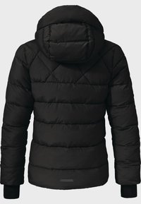 Schwarze Daunenjacke mit Kapuze, gestepptem Muster, gerippten Bündchen und einem eleganten, matten Finish. Die Rückansicht zeigt ein gepolstertes Design.