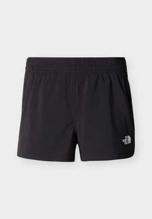 Black elastic waist running shorts with side pockets and a small white The North Face logo on the left leg.