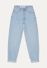 Ljust blå denimjeans med hög midja, rak benform, uppvikta fållar, fem fickor och sömnadsdetaljer längs sömmarna.
